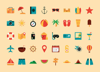 summer vacation travel, season tourism relaxing pack icons flat style