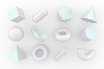 Aufkleber - Set of 3d render realistic primitives on white background. Isolated graphic elements: sphere, torus, cube, icosahedron and other geometric shapes.