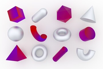 Aufkleber - Set of 3d render realistic primitives on white background. Isolated graphic elements: sphere, torus, cube, icosahedron and other geometric shapes.