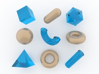 Aufkleber - Set of 3d render realistic primitives on white background. Isolated graphic elements: sphere, torus, cube, icosahedron and other geometric shapes for trendy designs.