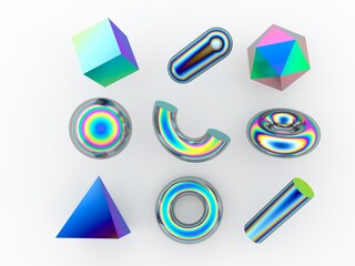 Aufkleber - Set of 3d render realistic primitives on white background. Isolated graphic element: sphere, torus, cube, icosahedron and other geometric shapes in holographic rainbow colors.