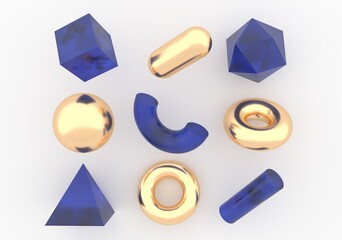 Aufkleber - Set of 3d render realistic primitives on white background. Isolated graphic elements: sphere, torus, cube, icosahedron and other geometric shapes for trendy designs.
