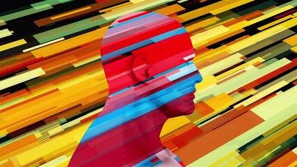 Poster - Computer generated human profile with colored stripes. 3d rendering of man silhouette and futuristic backdrop