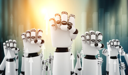 Poster - robot humanoid hands up to celebrate success achieved by using ai artificial intelligence thinking a