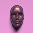Abstract 3D render illustration of holographic human face in the wall, robotic head made of glossy iridescent material. Artificial intelligence concept.