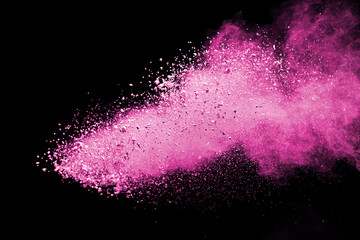 Pink powder explosion on black background. Paint Holi.