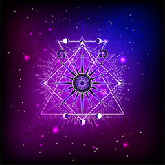 Wall Mural - vector illustration of sacred geometry symbol on abstract background. image in purple color.