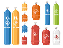 Set Of Different Color Shapes And Gas Tanks Gas Cylinders With Liquefied Compressed Gases With High Pressure And Valves Flat Vector Illustration Isolated On White Background