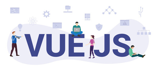 Canvas Print - vue js concept with modern big text or word and people with icon related modern flat style