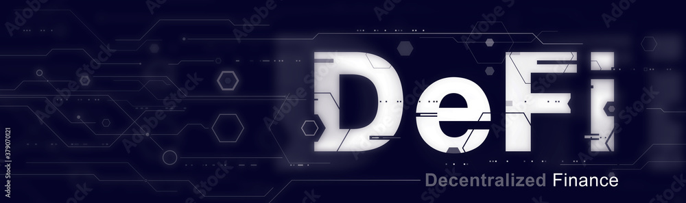 DeFi - Decentralized Finance and Crypto Finance Industry, futuristic wide banner concept