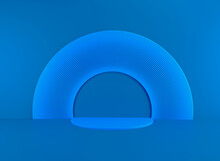 Blue Ring Composition With Podium. Interior Backdrop For Landing Page, Showcase, Product Presentation
