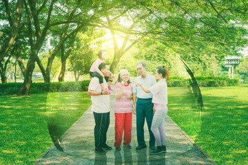 Poster - Three generation family stand in protective bubble