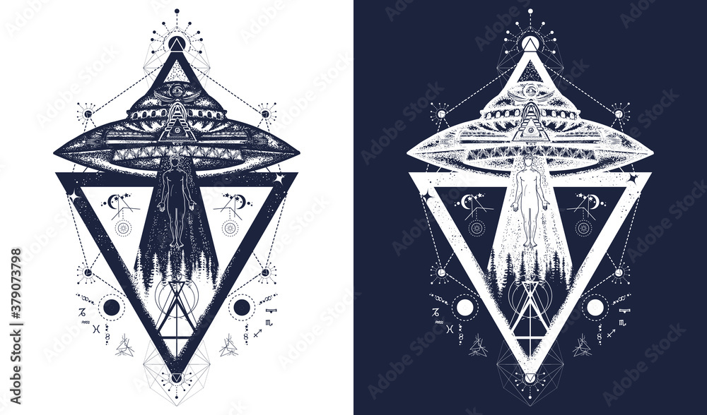 UFO tattoo art and t-shirt design. Invasion of aliens. Aliens kidnap ...