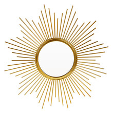 Gold Beveled Round Wall Mirror In A Sun-Ray Frame Isolated. Decorative Golden Sun Vintage Art Deco Mirror For Living Room & Bedrooms. Eye-Catching Wall Mounted Classic Circular Mirror. Interior Design