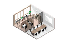 Isometric Modern Office Room With White Brick Walls With Meeting Room Or Seminar Room And Several Clear Glass Windows.