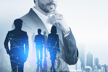 Poster - Pensive man and team in city, network interface