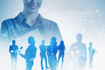 Poster - Smiling woman and team, network interface