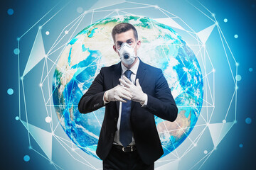 Poster - Man in mask and global network hologram