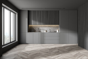 Gray and wooden kitchen with cupboards