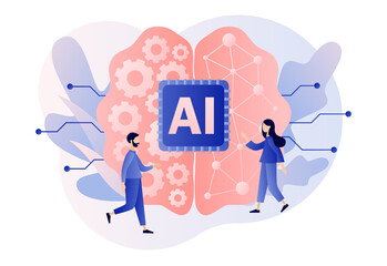 Poster - Artificial intelligence concept. Digital brain with neural network and tiny people. AI chip, machine learning, analysis information. Modern flat cartoon style. Vector illustration on white background