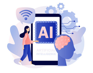 Poster - Artificial intelligence concept. Digital brain with neural network on laptop screen. AI, machine learning, analysis information. Modern flat cartoon style. Vector illustration on white background