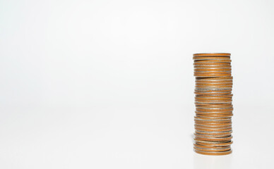 money savings plan concept. row of coins stack on white background. financial business banking for investment management success and growth.