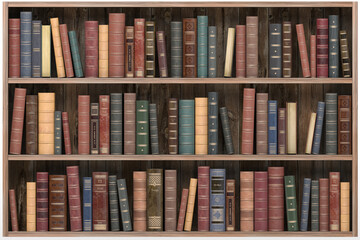 Poster - Vintage books on old wooden shelf isolated on white. Old library or antique bookshop.