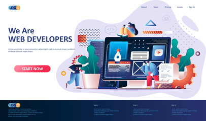 Web development flat landing page template. Website construct, prototyping and programming web banner. UI UX designer workplace 3d composition, development company. Web page vector illustration.