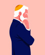 Portrait of a pensive man in profile. An elderly businessman is standing. Side view. Problems in business. Vector flat illustration