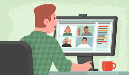 Video conference. Business communication with colleagues online. A man being at home communicates