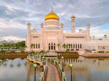 Omar Ali Saifuddin Mosque At Sunset In Bandar Seri Begawan, Brunei