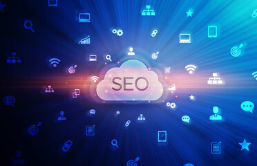 Poster - Seo-Optimization Collage With Word Seo And Internet Icons, Blue Background