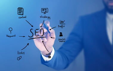 Poster - African Seo Specialist Drawing Web Content Optimization Scheme, Blue Background