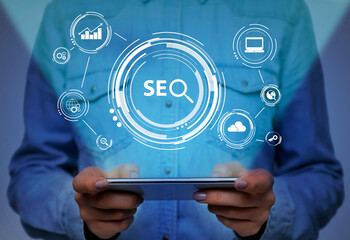 Poster - Woman Browsing Internet On Phone, Blue Background, Seo-Optimization Collage