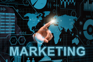 Poster - Creative Collage For Digital Marketing Concept With Businessman Touching Virtual Analytics Screen