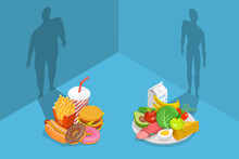 Fastfood Vs Balanced Menu Comparison, What Foods Are Better For Your Body. 3D Isometric Flat Vector Conceptual Illustration.