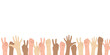 © Juri Kam - Colorful up hands set with different gestures. Different but equal and diversity skins hands up, multiethnic community. Vector border in flat cartoons style. Horizontal background with place for text.