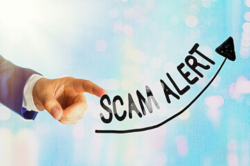Poster - Writing note showing Scam Alert. Business concept for unsolicited email that claims the prospect of a bargain Digital arrowhead curve denoting growth development concept