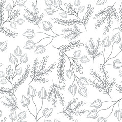  Flowers and leaves for coloring page. Vector seamless pattern. Outline illustration.