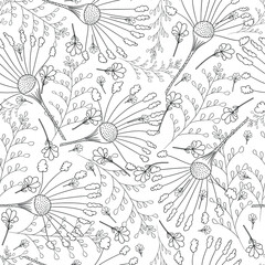 Wall Mural - Floral vector seamless pattern for coloring page. Outlines plants on the white background. 