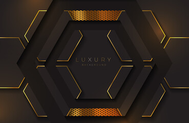 Wall Mural - Realistic 3d futuristic frame background gold geometric lines element. Vector golden geometry shape on black surface. Luxurious Elegant template