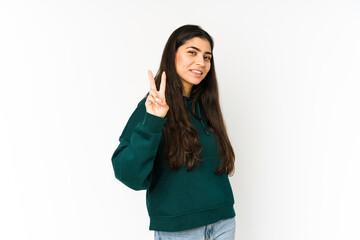 Wall Mural - Young indian woman isolated on purple background showing number two with fingers.