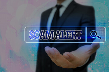 Poster - Writing note showing Scam Alert. Business concept for unsolicited email that claims the prospect of a bargain Web search digital information futuristic technology network connection