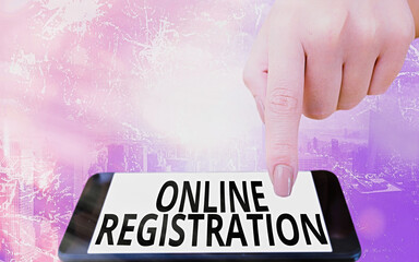 Fototapete - Conceptual hand writing showing Online Registration. Concept meaning System for subscribing or registering via the Internet Modern gadgets white screen under colorful bokeh background