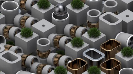 Poster - Abstract 3d render background with metallic elements, spheres, realistic plants. Modern isometric composition. Rich textures. Loop animation.

