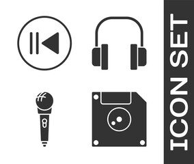 Poster - Set Floppy disk for computer data storage, Rewind, Microphone and Headphones icon. Vector.