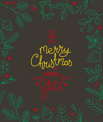 Poster - Hand drawn Christmas greeting card template. Vector card with doodling elements