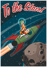 Pin Up Girl On The Space Rocket, Retro Future Style Illustration