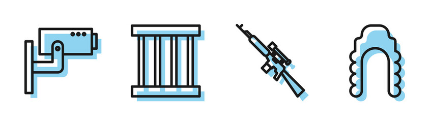 Wall Mural - Set line Sniper rifle with scope, Security camera, Prison window and Judge wig icon. Vector.