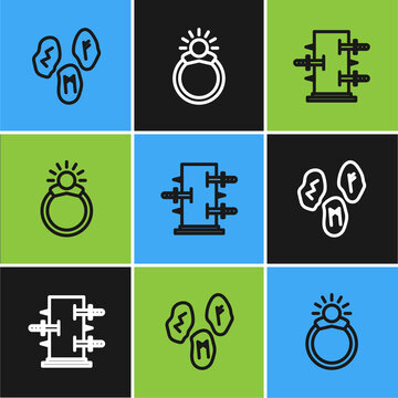 Set line Magic runes, Trunk for magic tricks and stone ring with gem icon. Vector.